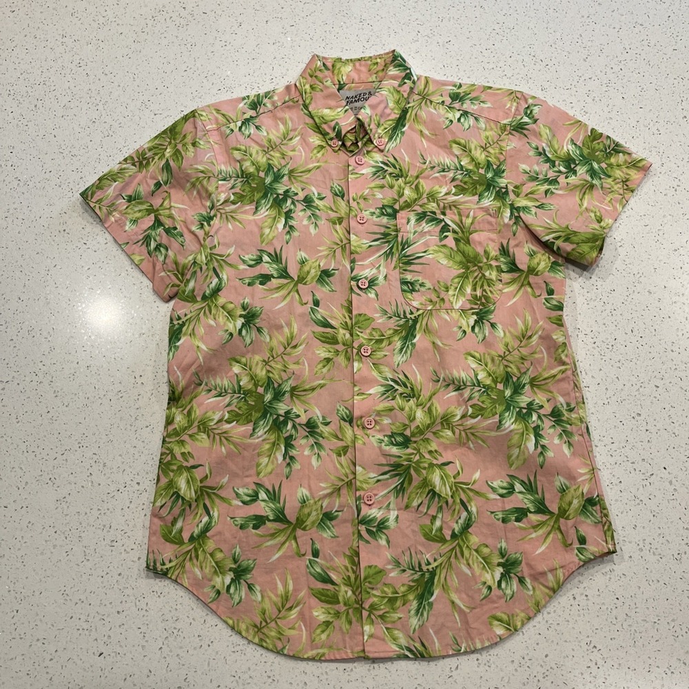 Naked & Famous Mens Small Pink Floral Print Short Sleeve Shirt Made in Canada